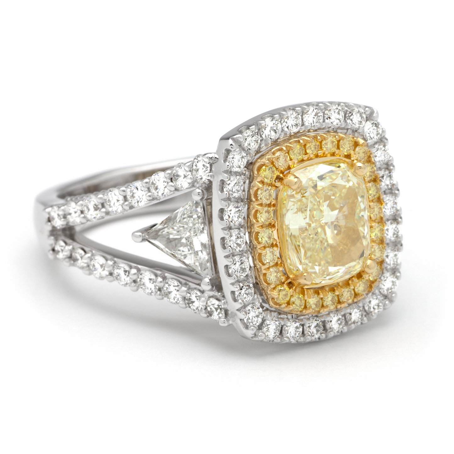 2.01ct Cushion Yellow Diamond Double Halo Engagement Ring in 14k; 4.01 ctw