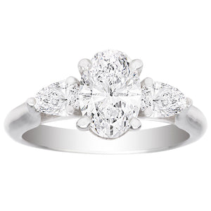 Oval Shaped Center Flanked By 2 Pear Shaped Diamonds in a Petit 14K White Gold Setting; 0.50 Ctw