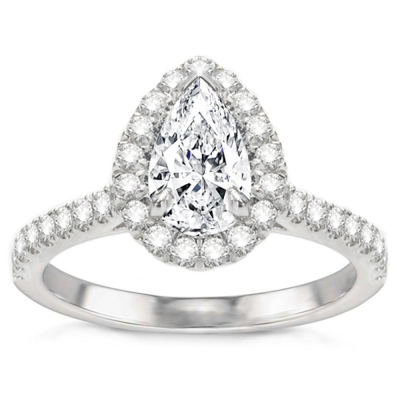 Pear 1.90ct GIA Diamond Halo Ring In 14k WG; 2.70Ctw