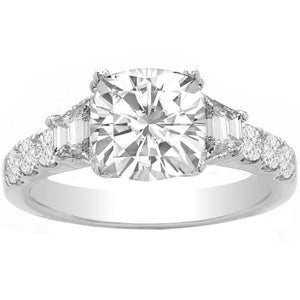 3 Stone Cushion Engagement Ring in 14K White Gold; 3.55 ctw