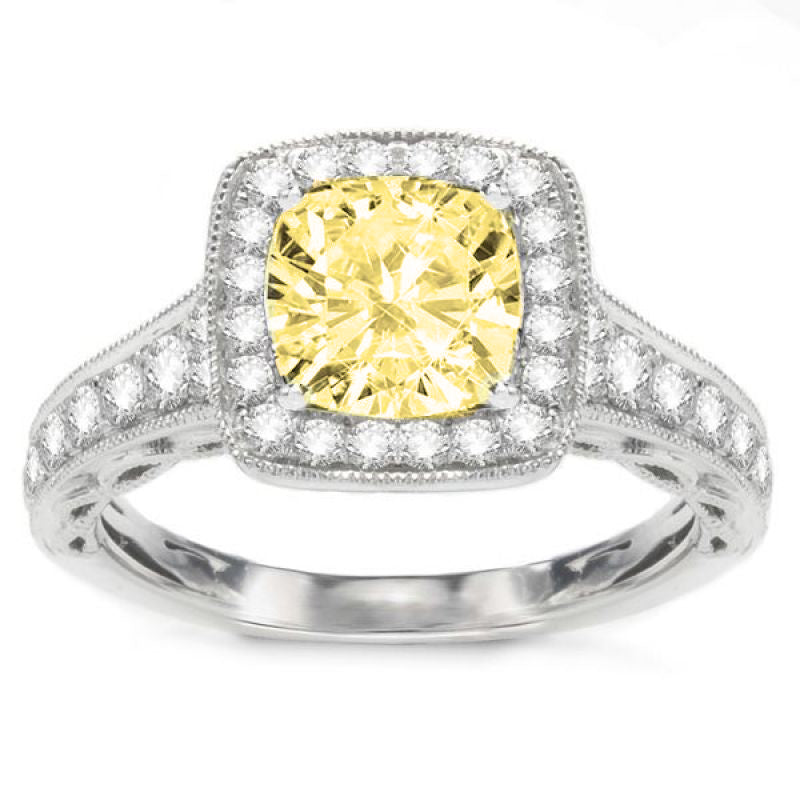 Miriam Fancy Yellow Halo Engagement Ring in 14K White Gold; 3.51 CTW