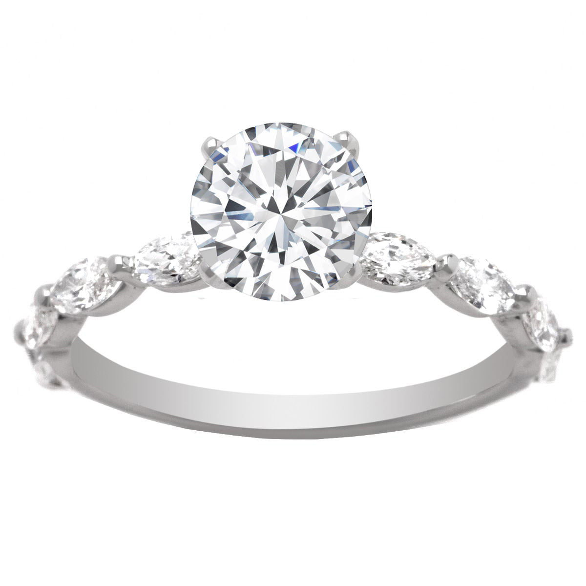 1.00ct Round GIA Diamond Ring with Oval Side Stones 14K WG; 1.70 CTW