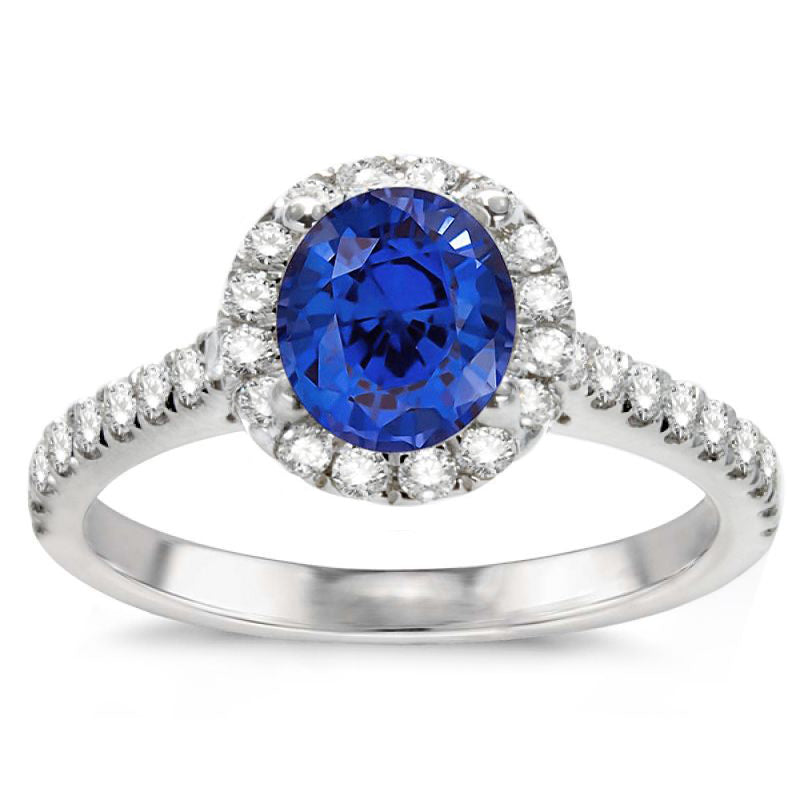 Sapphire Halo Ring In 14K White Gold; 1.11 CT
