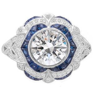 Vintage Sapphire Halo Engagement Ring in Platinum; 1.18 ctw