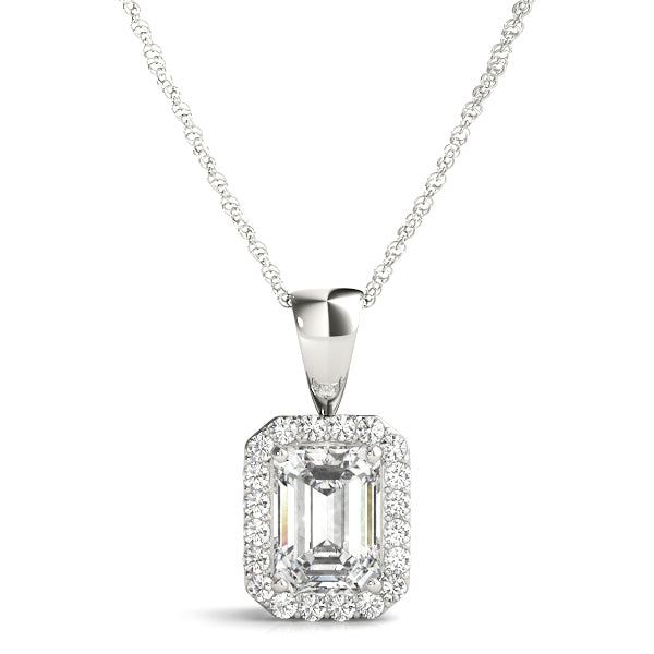 14K White Gold Emerald GIA Diamond Halo Pendant; .90 ctw