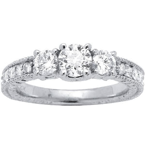 14K White Gold Three Stone Pave Diamond Engagement Ring; .64ctw