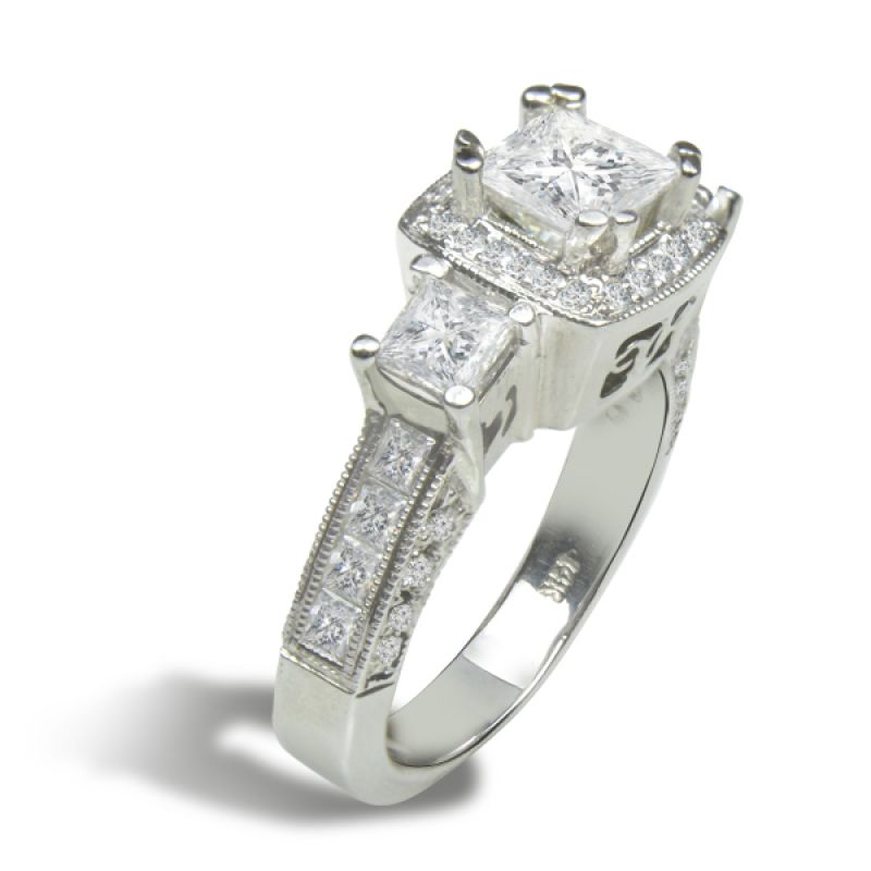 Halo Three Stone Lab Diamond Engagement Ring 14K WG Eliana; 2.20 ctw